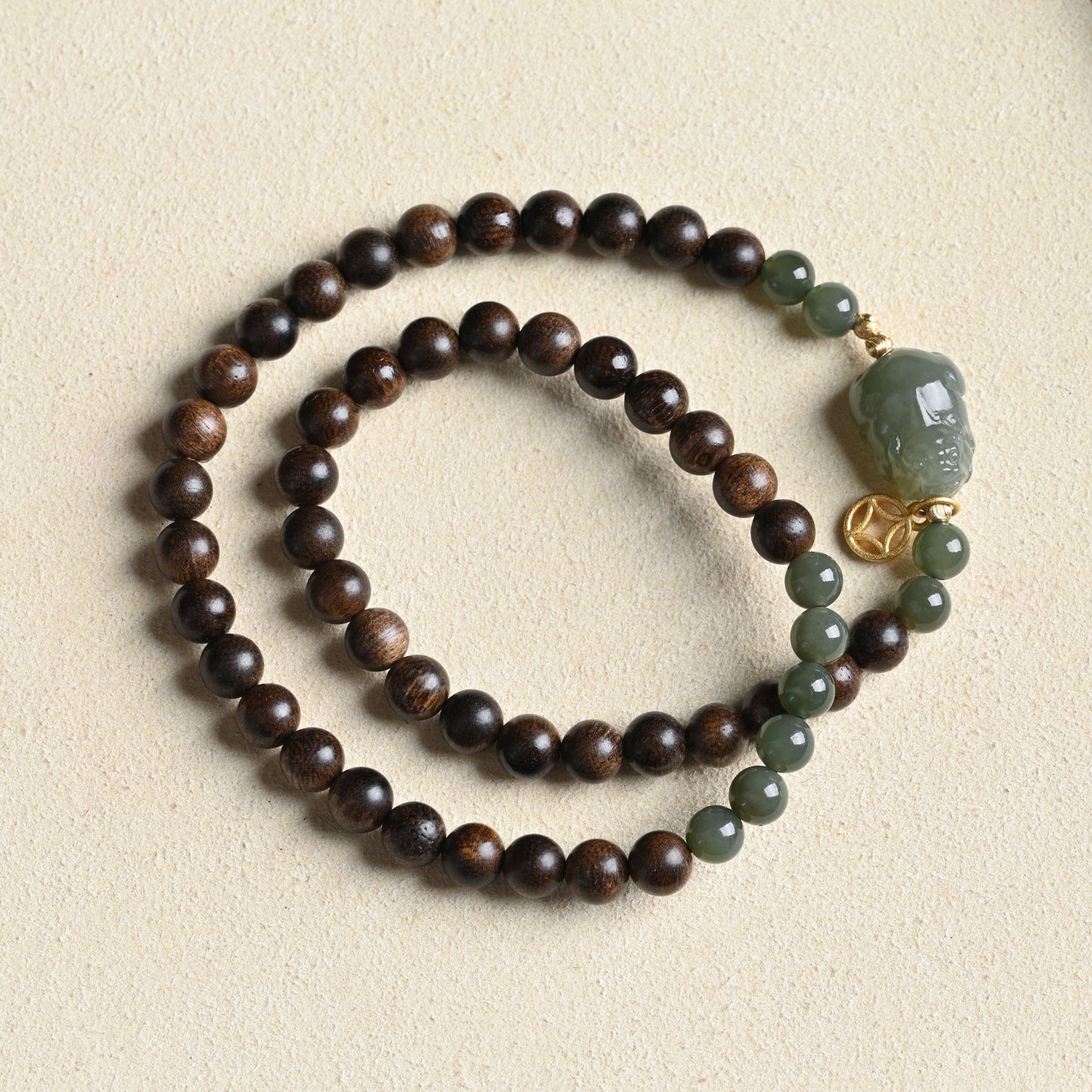 Agarwood Bracelet with Jade Pixiu Double Tour