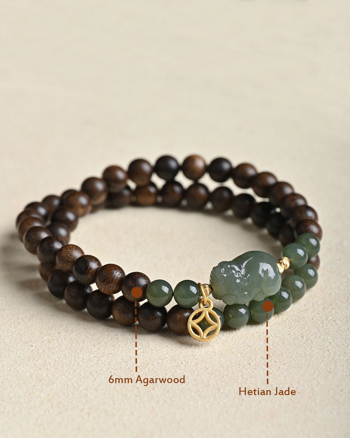 Agarwood Bracelet with Jade Pixiu Double Tour